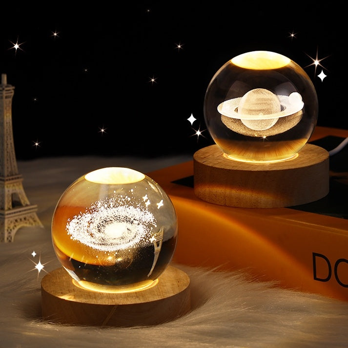 3D crystal ball galaxy night light projecting stars, planets, and moon for ambient room lighting duo