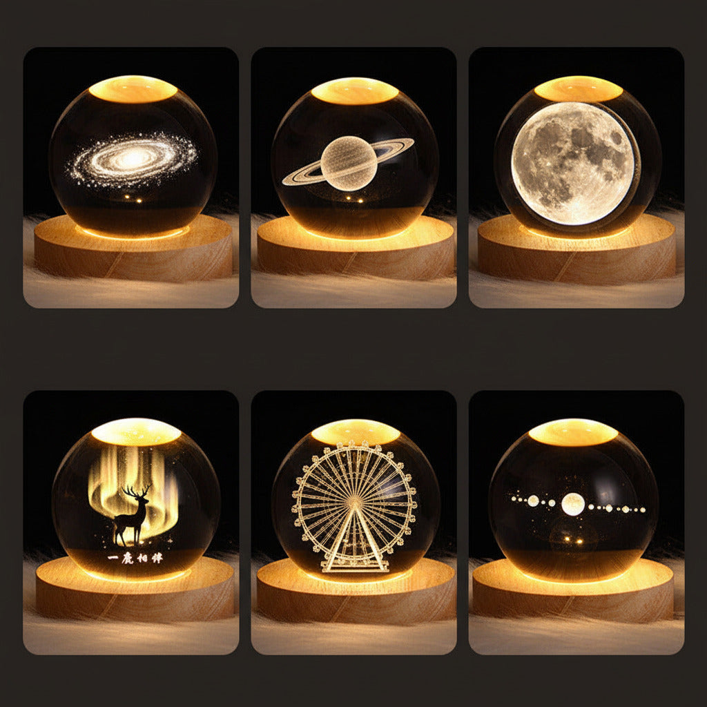 3D crystal ball galaxy night light projecting stars, planets, and moon for ambient room lighting