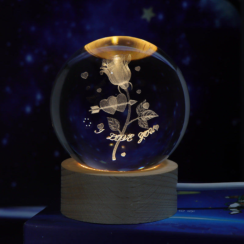3D crystal ball galaxy night light in Rose style projecting stars, planets, and moon for ambient room lighting (Style: Rose)