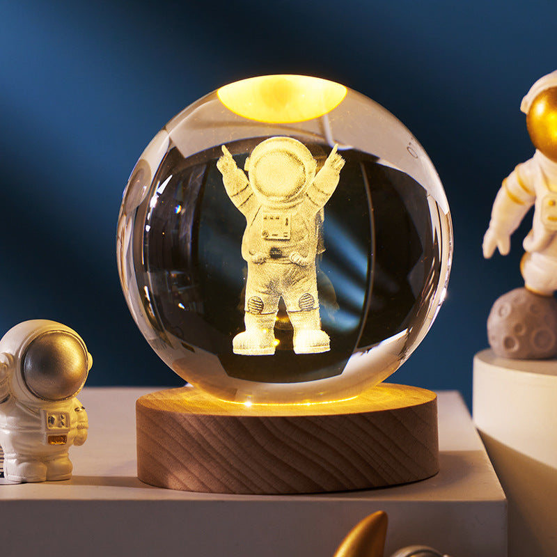 3D crystal ball galaxy night light in Single Astronaut style projecting stars, planets, and moon for ambient room lighting (Style: Single Astronaut)