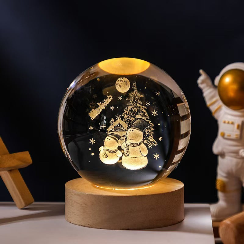 3D crystal ball galaxy night light in Snowman style projecting stars, planets, and moon for ambient room lighting (Style: Snowman)