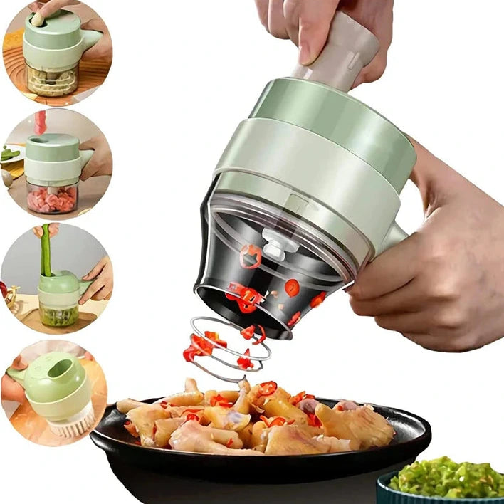 4 in 1 handheld electric vegetable cutter for slicing chopping and food preparation alternate depiction of use cases