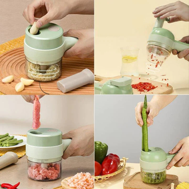 4 in 1 handheld electric vegetable cutter for slicing chopping and food preparation depiction of use cases