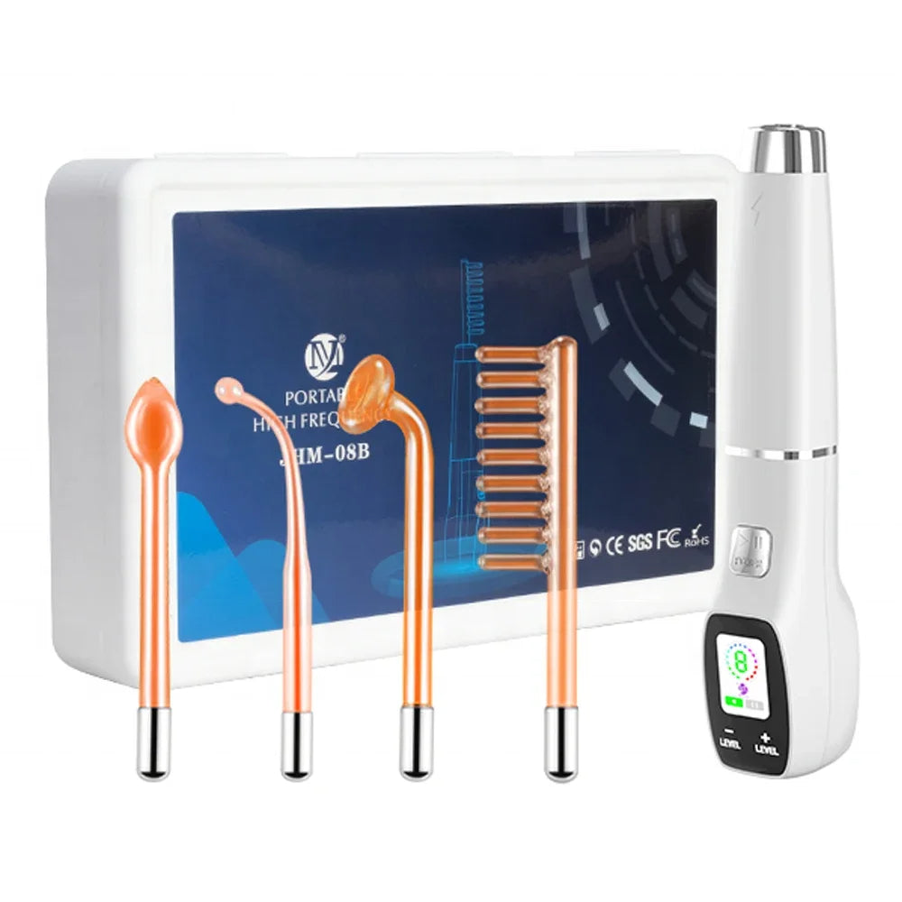 4 in 1 high frequency facial wand with interchangeable tubes for acne treatment and skin care