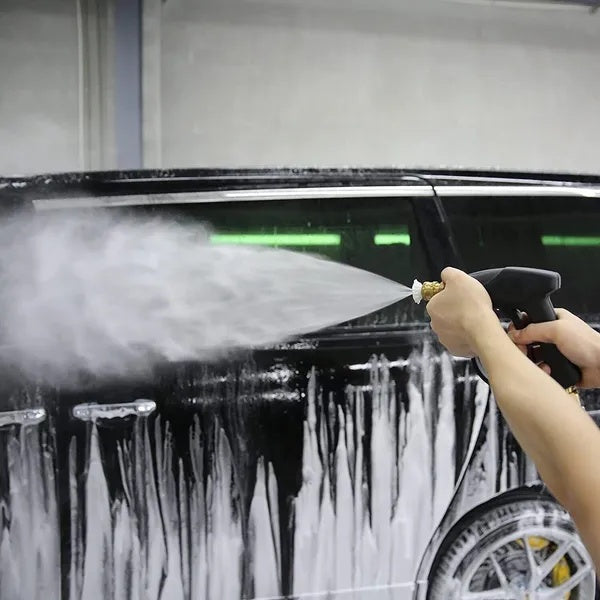 4000 PSI high pressure washer gun with foam spray wand and multiple nozzle tips for car and garden cleaning depiction of use
