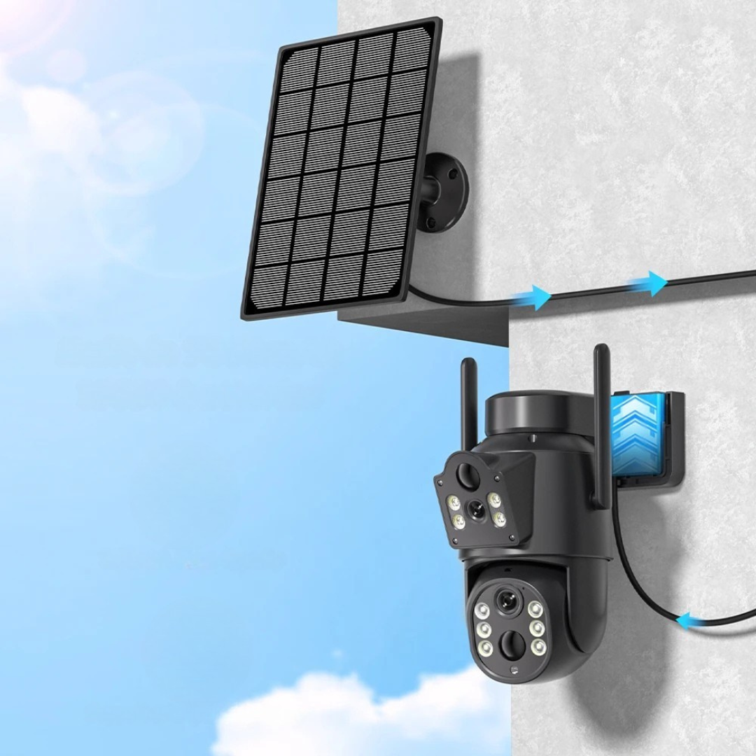 4K dual lens solar powered security camera with outdoor wifi monitoring and remote viewing capabilities depiction of easy installation