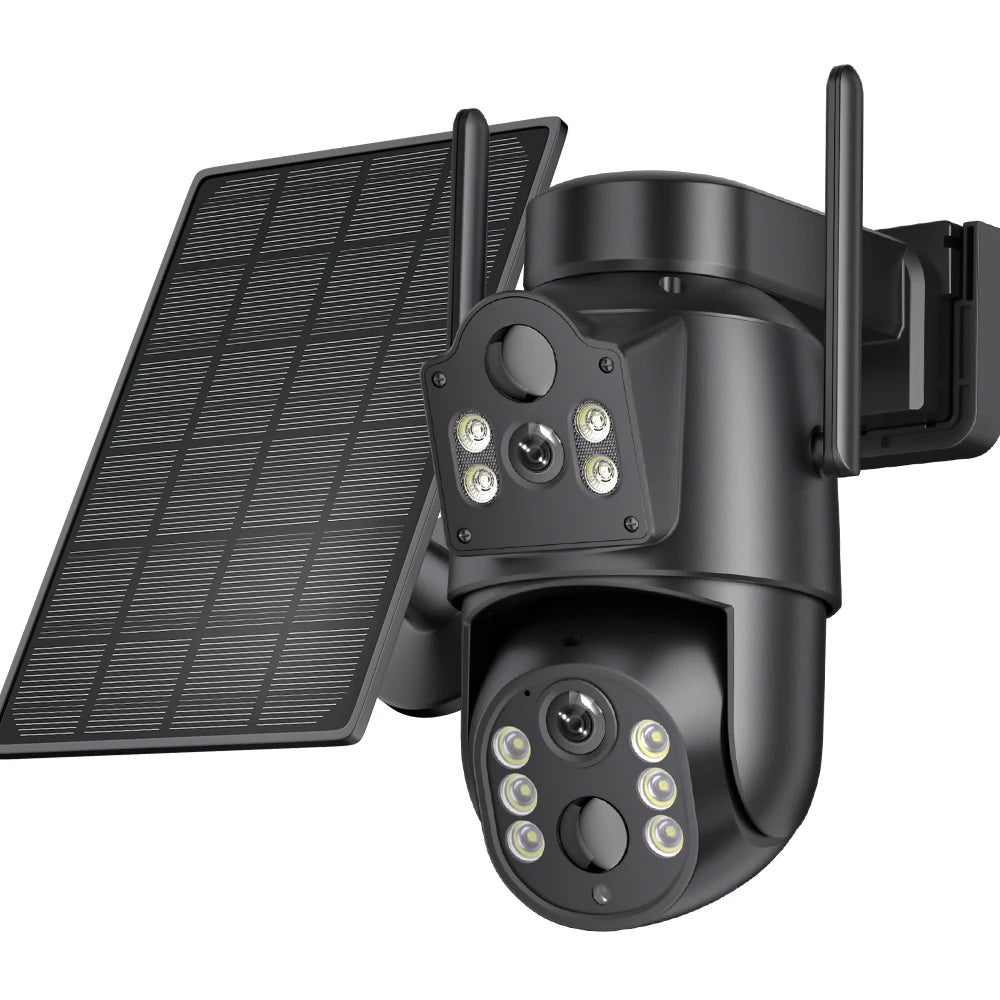 4K dual lens solar powered security camera with outdoor wifi monitoring and remote viewing capabilities product shot