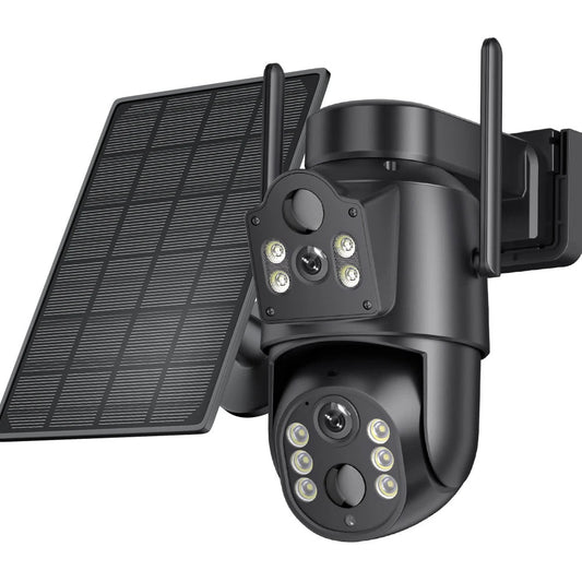 4K dual lens solar powered security camera with outdoor wifi monitoring and remote viewing capabilities product shot