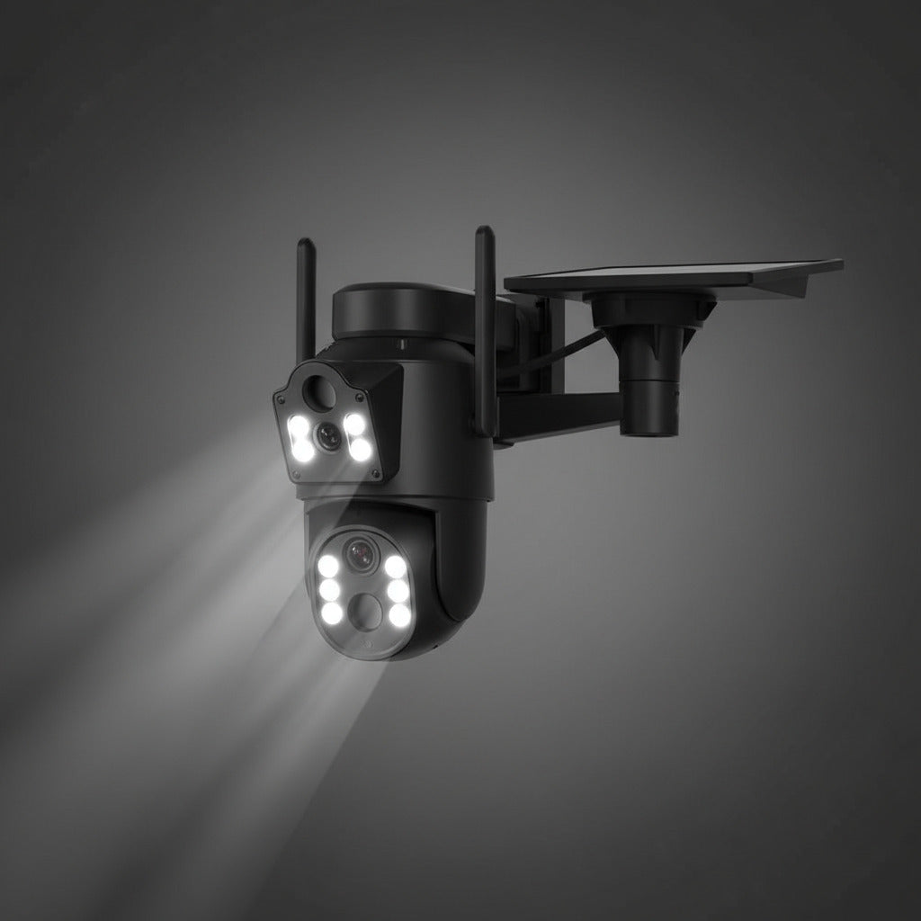 4K dual lens solar powered security camera with outdoor wifi monitoring and remote viewing capabilities depiction of smart night vision