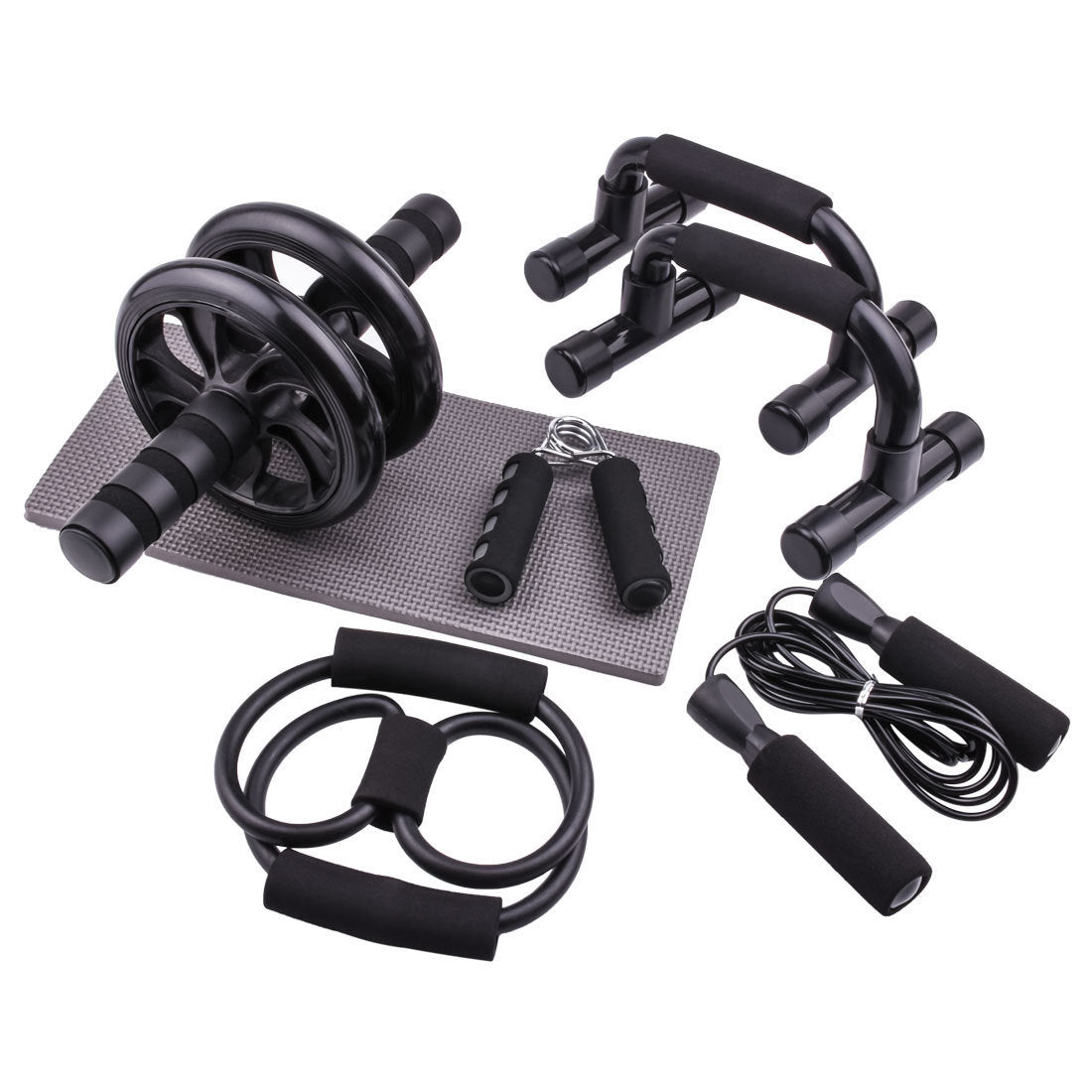 5 in 1 ab roller workout kit in black color with push up handles jump rope and resistance band for home fitness (Color: Black)