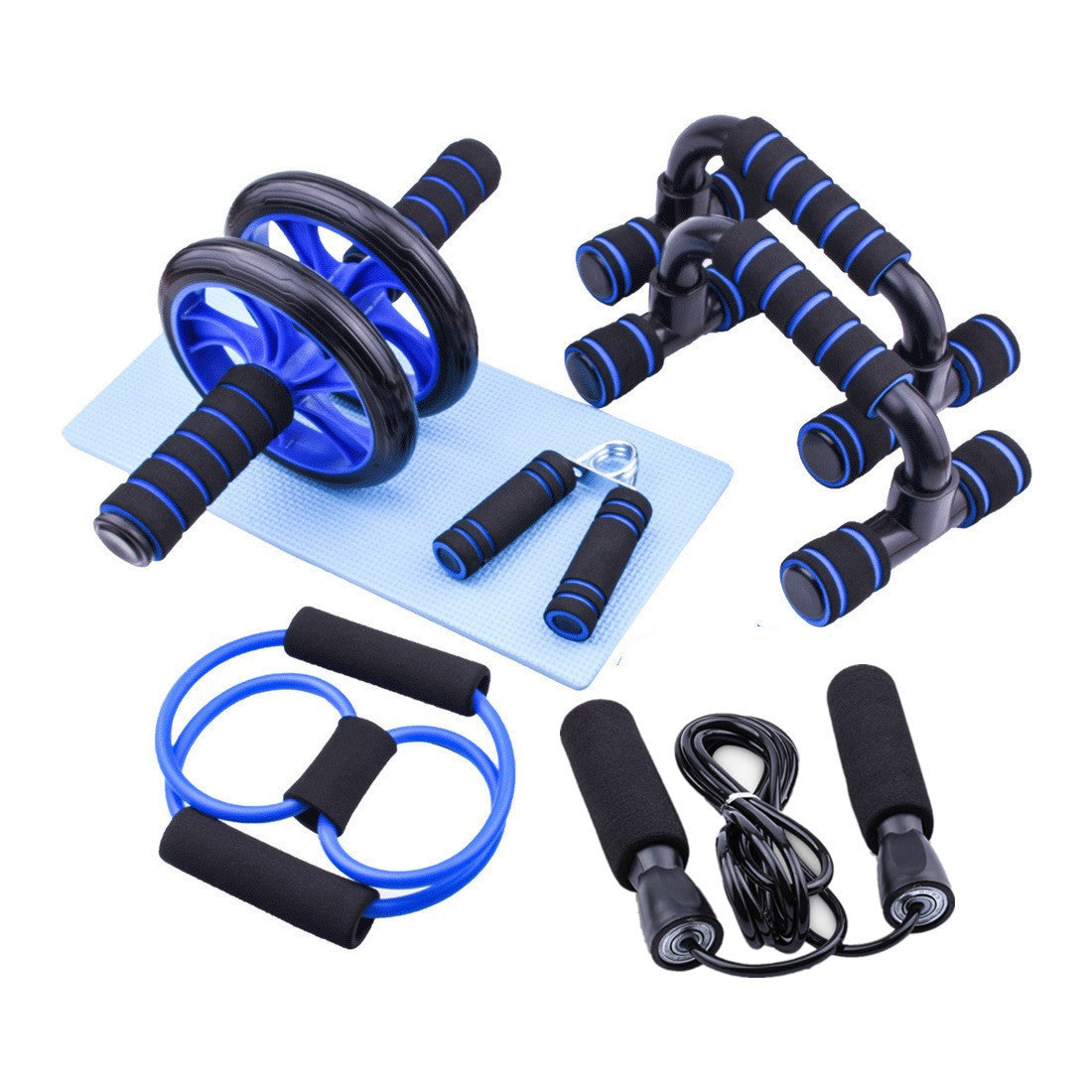 5 in 1 ab roller workout kit in blue color with push up handles jump rope and resistance band for home fitness (Color: Blue)