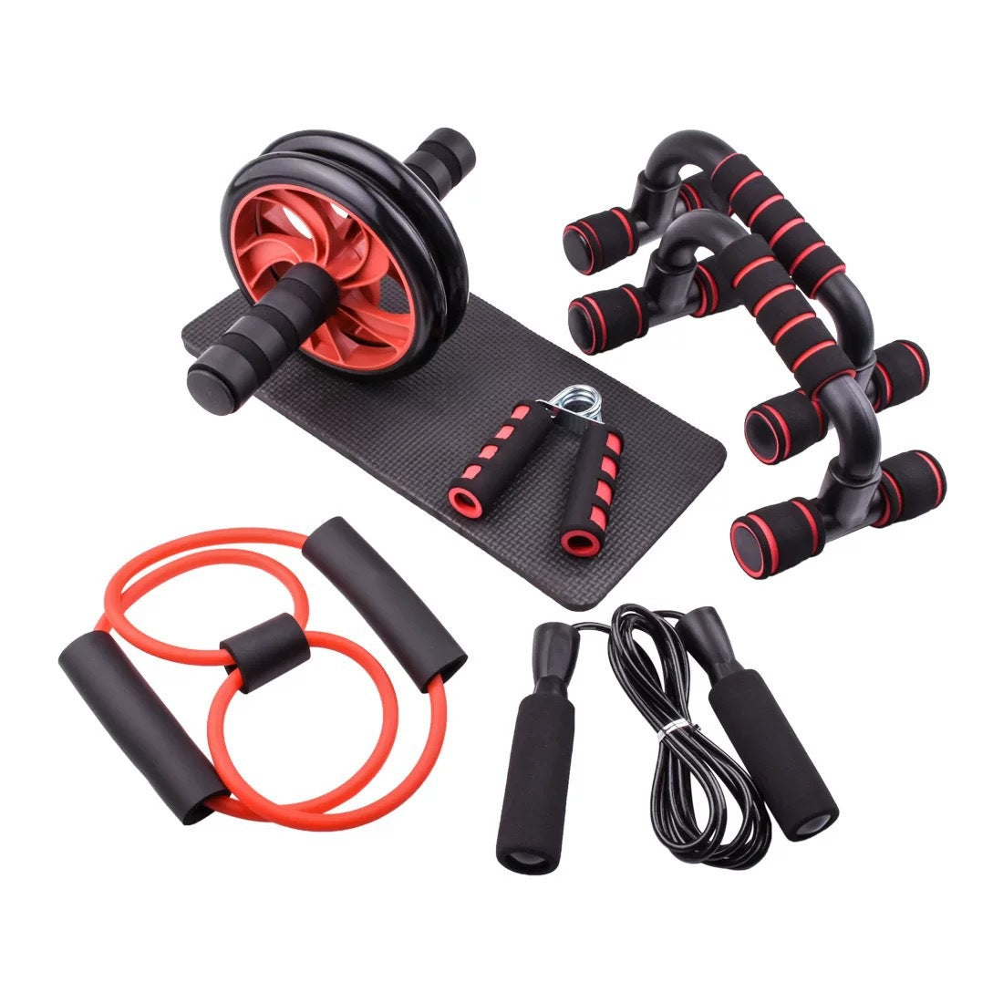 5 in 1 ab roller workout kit in red color with push up handles jump rope and resistance band for home fitness (Color: Red)