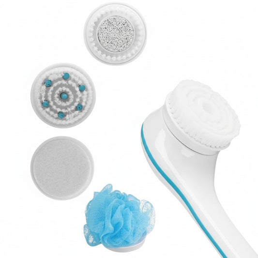 5 in 1 rotating shower brush with long handle interchangeable heads and full body cleansing support depiction of various brush heads