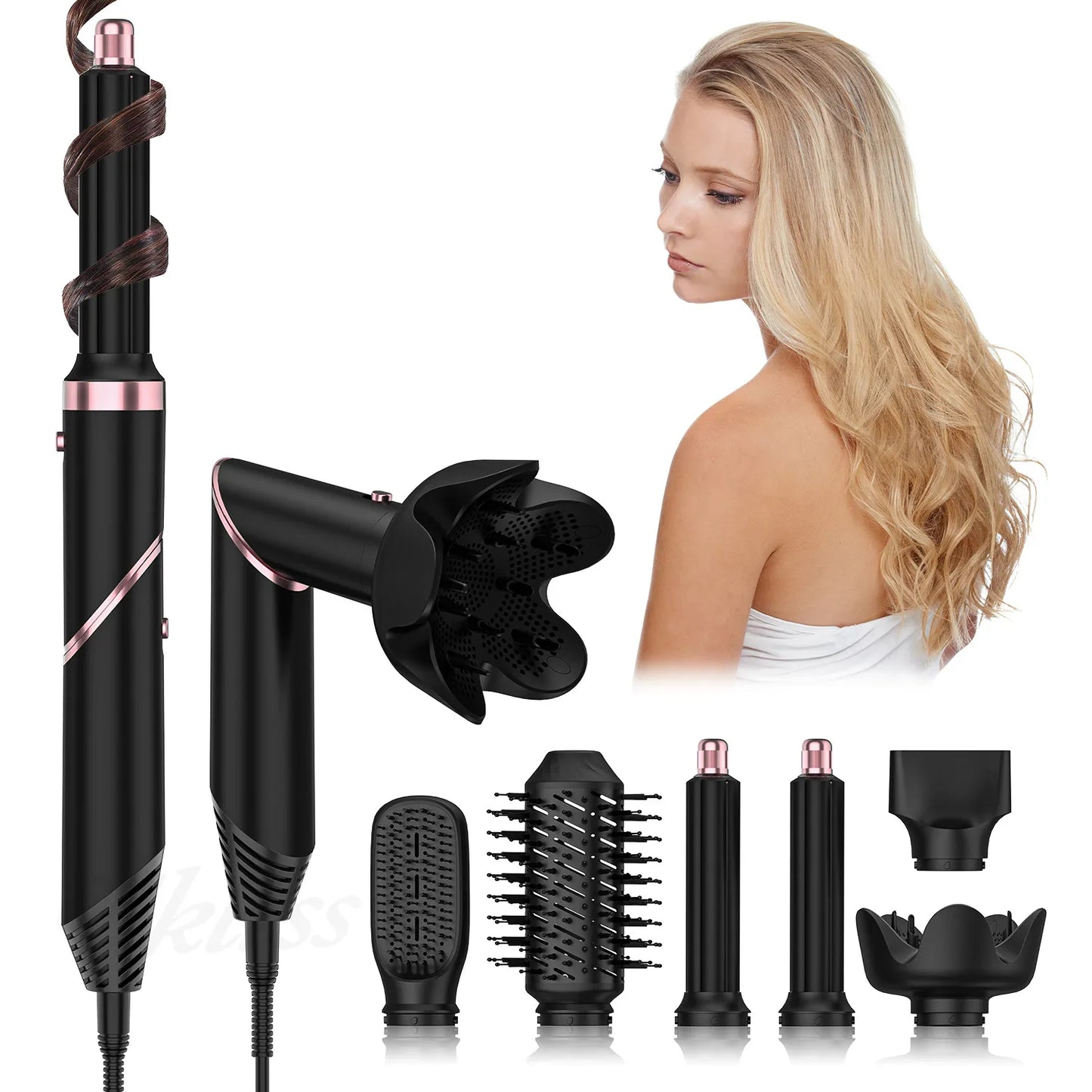 6-in-1 hair dryer and styling tool designed for drying, curling, and smoothing hair with interchangeable attachments blonde model shot 