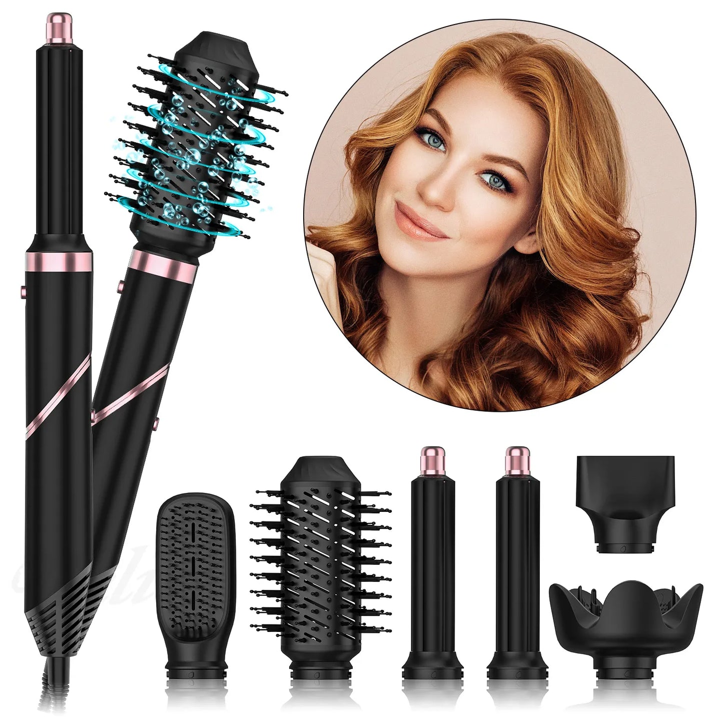 6-in-1 hair dryer and styling tool designed for drying, curling, and smoothing hair with interchangeable attachments curly model shot