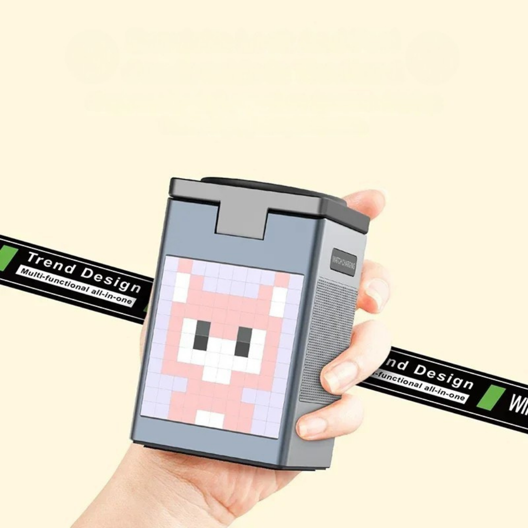 6 in 1 magnetic wireless charger with speaker alarm clock and LED light for desk or bedside depiction of cartoon pixel