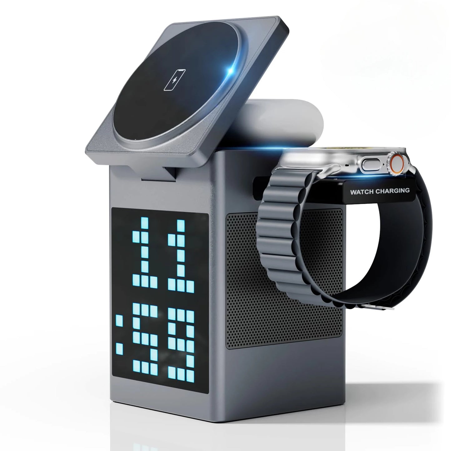 6 in 1 magnetic wireless charger with speaker alarm clock and LED light for desk or bedside product shot