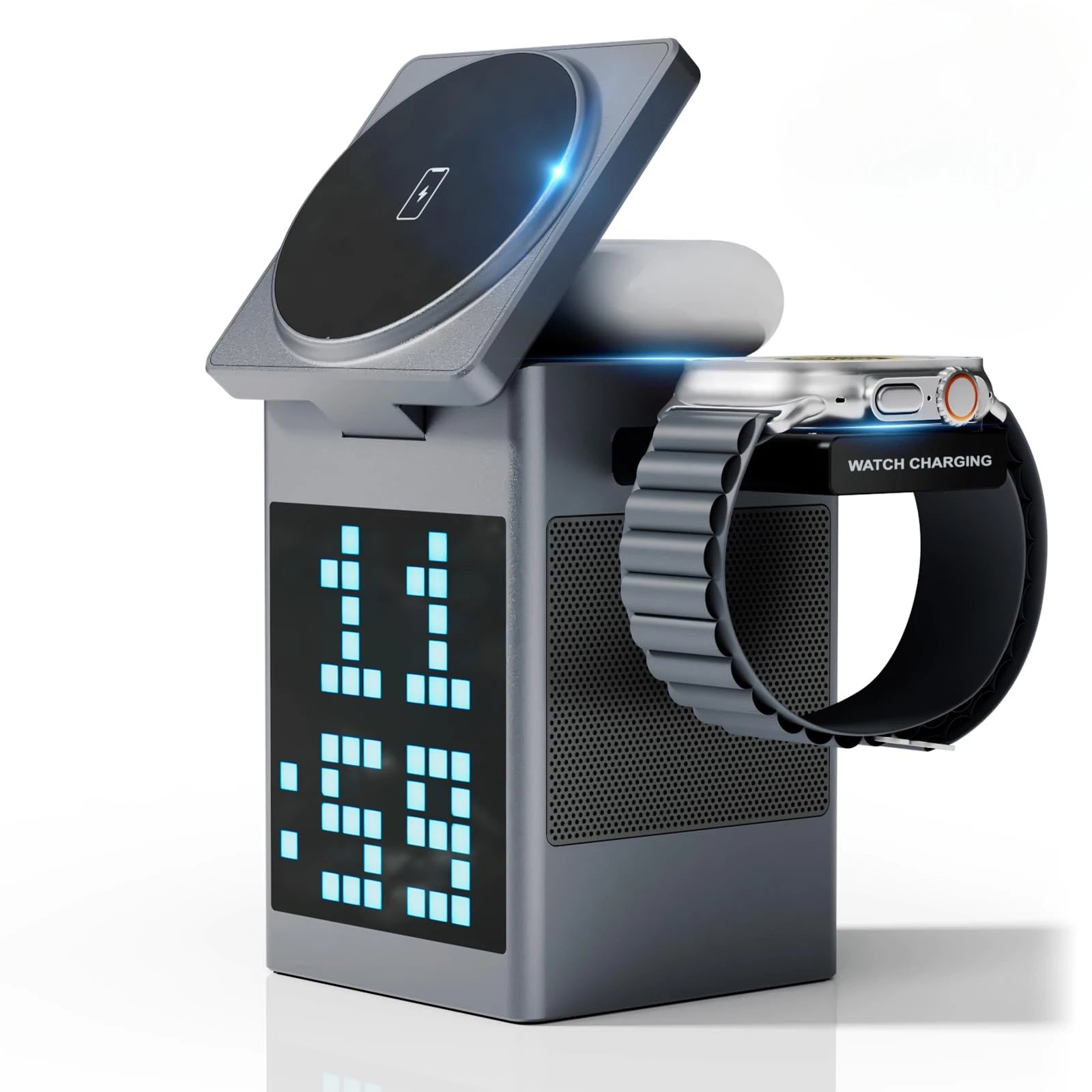 6 in 1 magnetic wireless charger with speaker alarm clock and LED light for desk or bedside product shot
