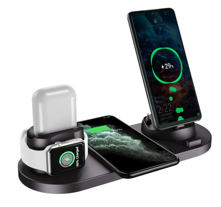 6-in-1 wireless charging dock charging an iPhone, iPad, and Apple Watch simultaneously on a compact desktop charging station in black (Color: Black)