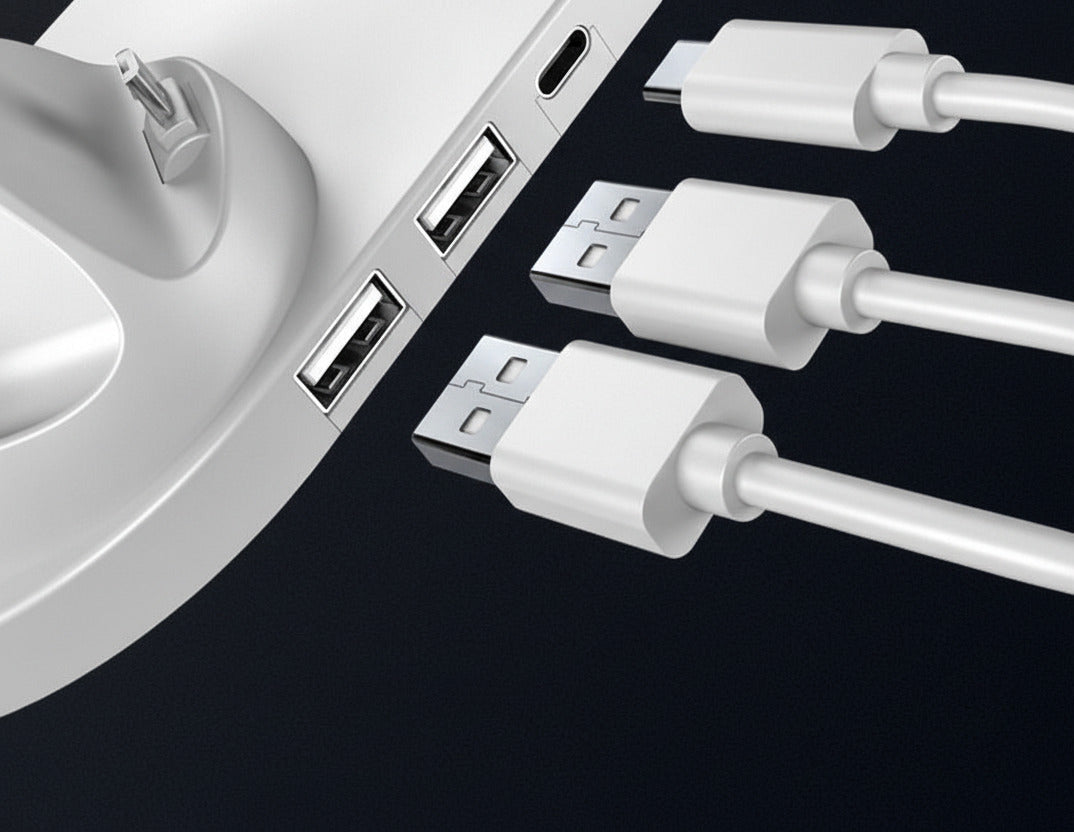 6-in-1 wireless charging dock charging an iPhone, iPad, and Apple Watch simultaneously on a compact desktop charging station charging ports