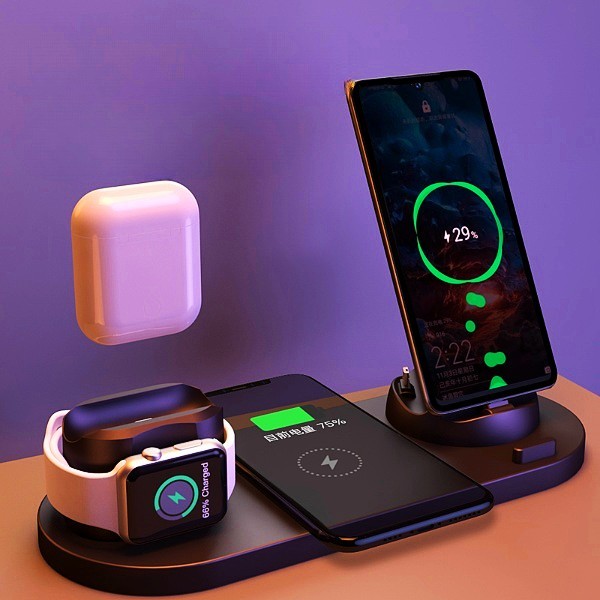 6-in-1 wireless charging dock charging an iPhone, iPad, and Apple Watch simultaneously on a compact desktop charging station