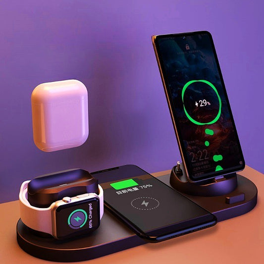 6-in-1 wireless charging dock charging an iPhone, iPad, and Apple Watch simultaneously on a compact desktop charging station