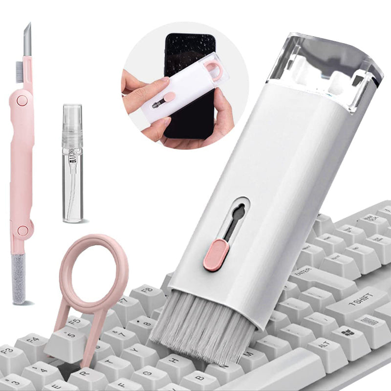 7 in 1 electronics cleaning kit for keyboard screen earbuds and devices depiction of cleaning a keyboard
