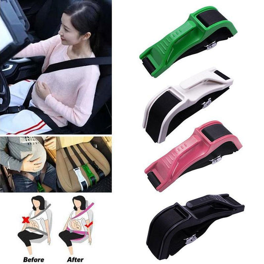 Adjustable car seat belt comforter for pregnancy designed to help position the seat belt comfortably away from the belly while driving depiction of all colors