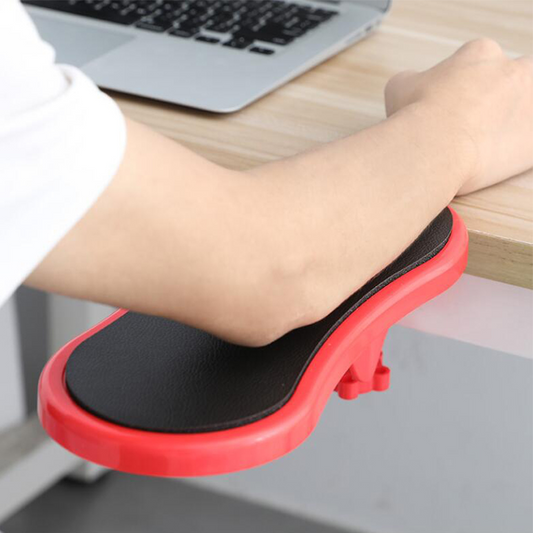 Adjustable desk arm rest ergonomic support for computer use to reduce arm and shoulder strain depiction of use