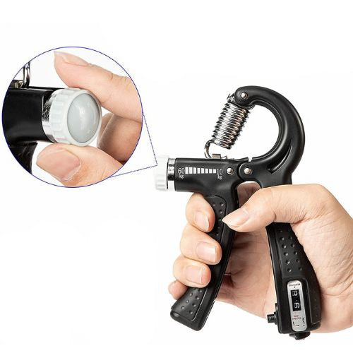 Adjustable grip trainer with built in counter for hand wrist and finger strength training depiction of adjustable resistance
