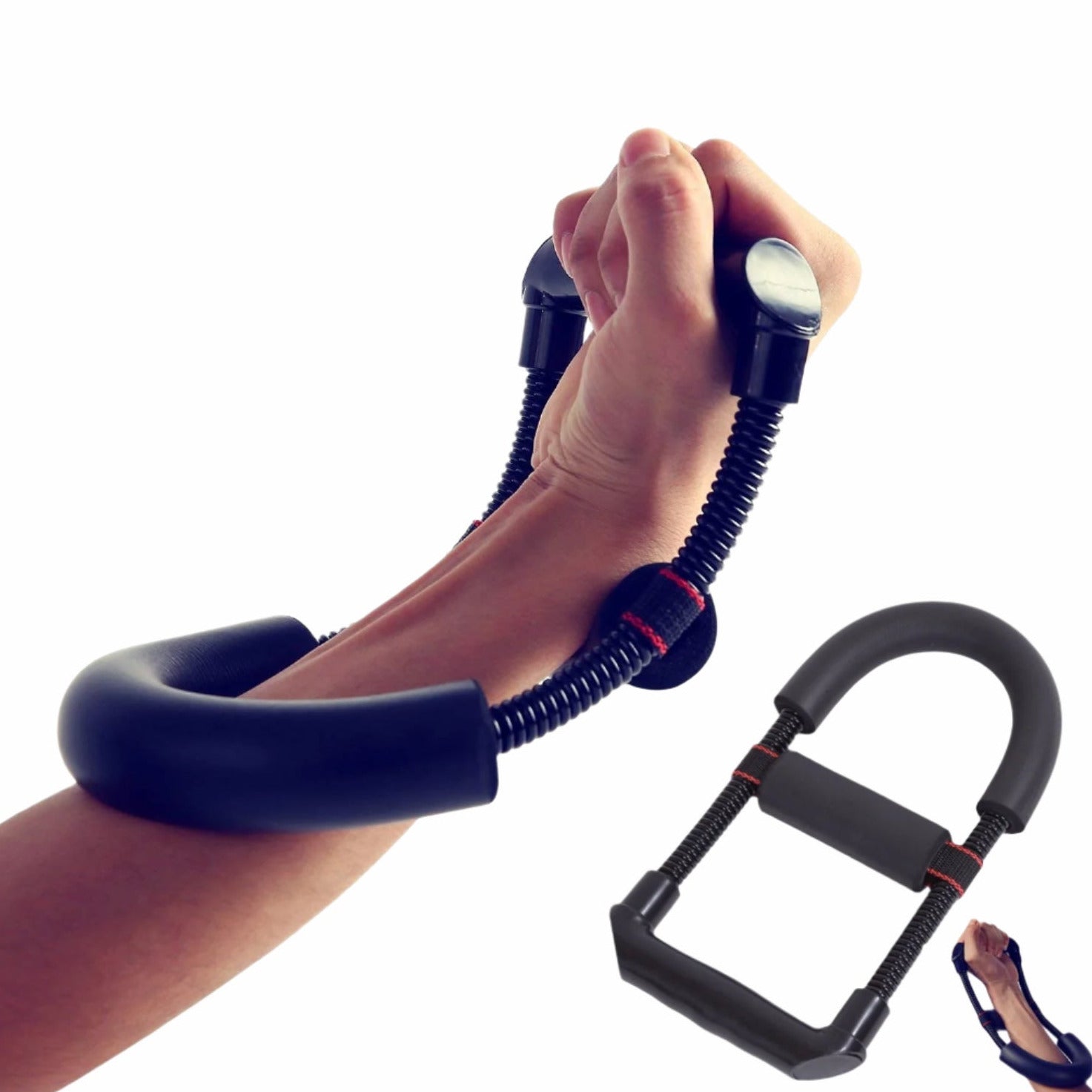 Adjustable hand grip and forearm strength trainer used for wrist, hand, and arm muscle exercises to improve grip strength in motion different angles