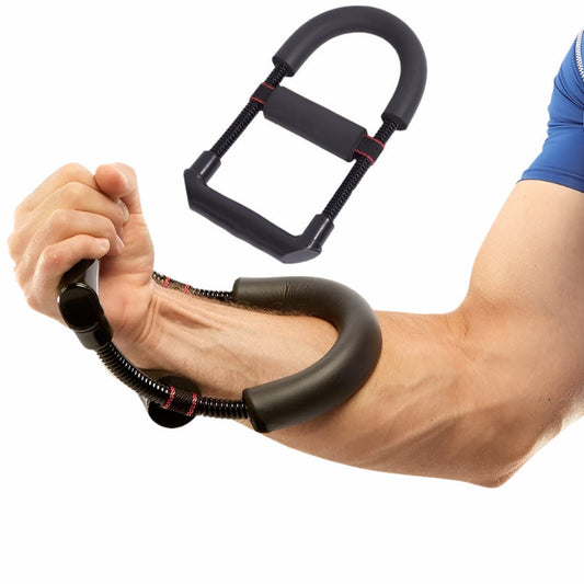 Adjustable hand grip and forearm strength trainer used for wrist, hand, and arm muscle exercises to improve grip strength in motion