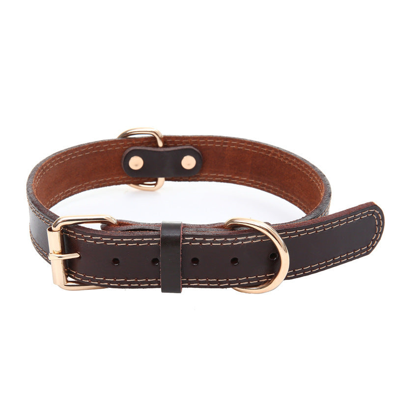 Adjustable leather dog collar in coffee color with secure buckle for dogs product shot
