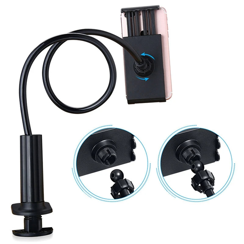 Adjustable tablet and phone holder stand with flexible gooseneck arm and clamp mount depiction of easy installation and rotation