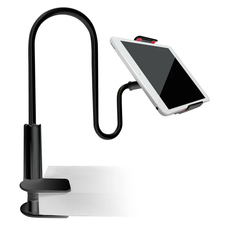 Adjustable tablet and phone holder stand with flexible gooseneck arm and clamp mount