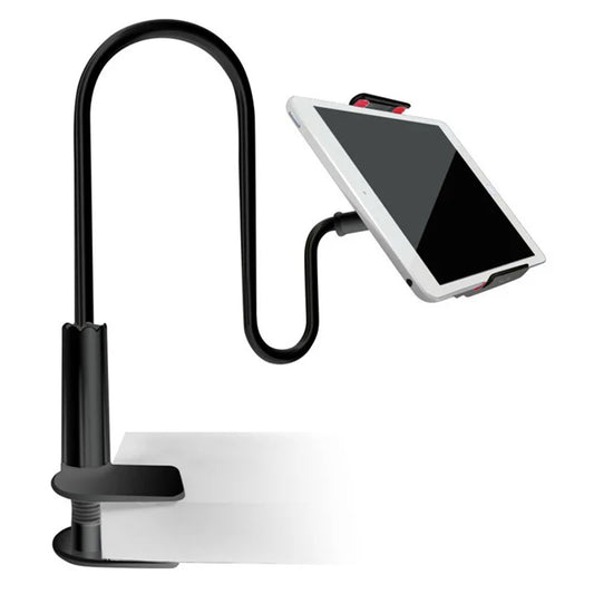 Adjustable tablet and phone holder stand with flexible gooseneck arm and clamp mount