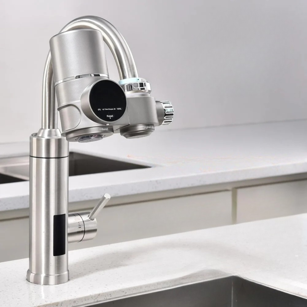 13 stage faucet water filter with LED display and UV light for clean tap water product shot of installed version