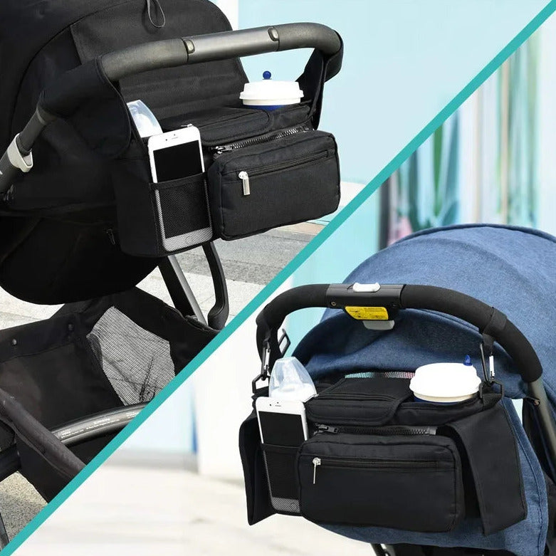 All in one stroller organizer with cup holders phone pocket and storage compartments alternate depiction of use