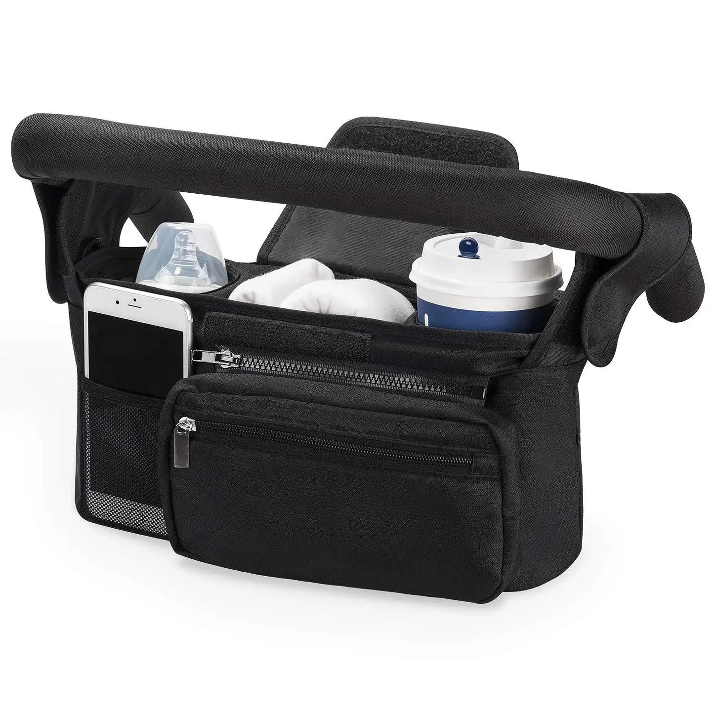All in one stroller organizer in black color with cup holders phone pocket and storage compartments (Color: Black)