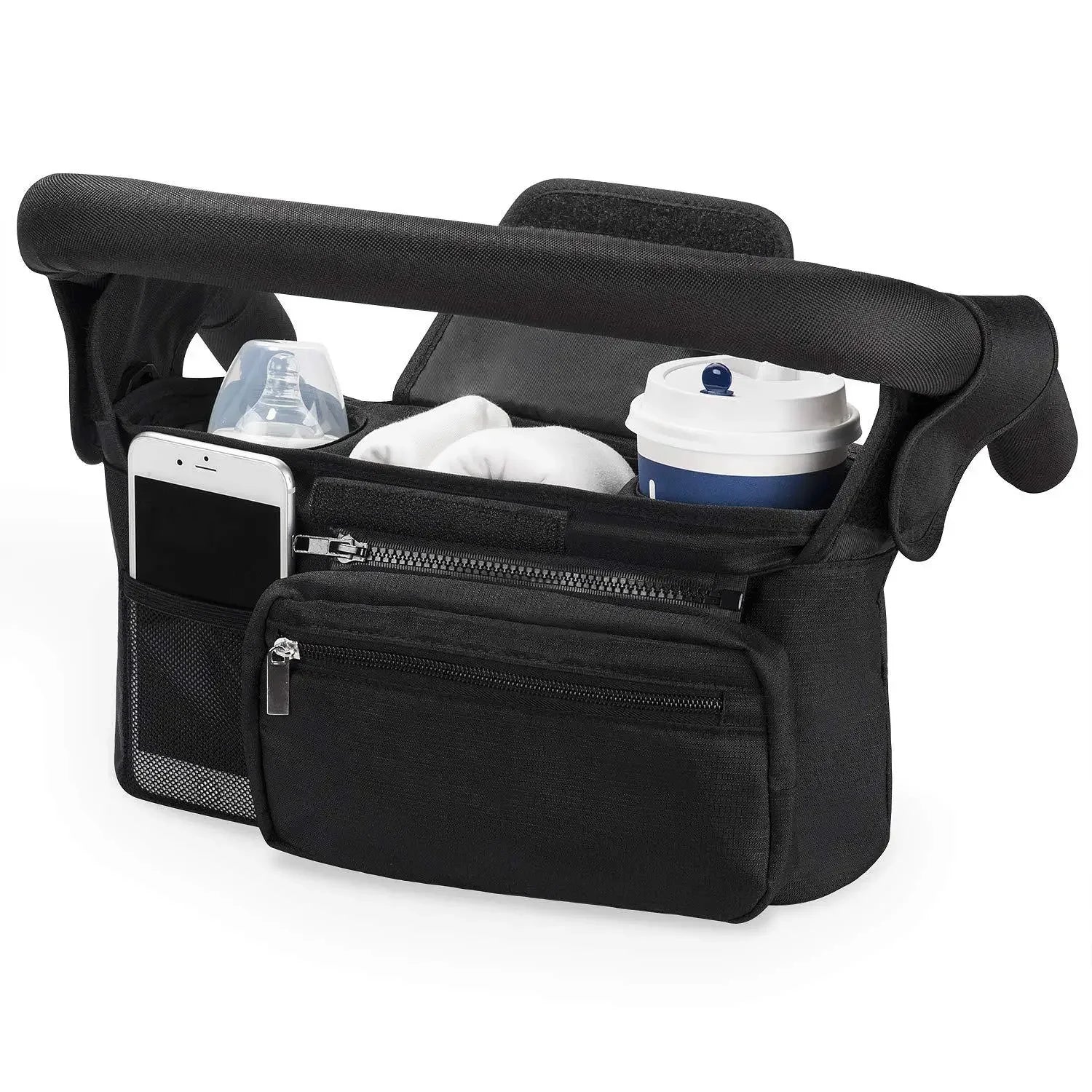 All in one stroller organizer in black color with cup holders phone pocket and storage compartments (Color: Black)