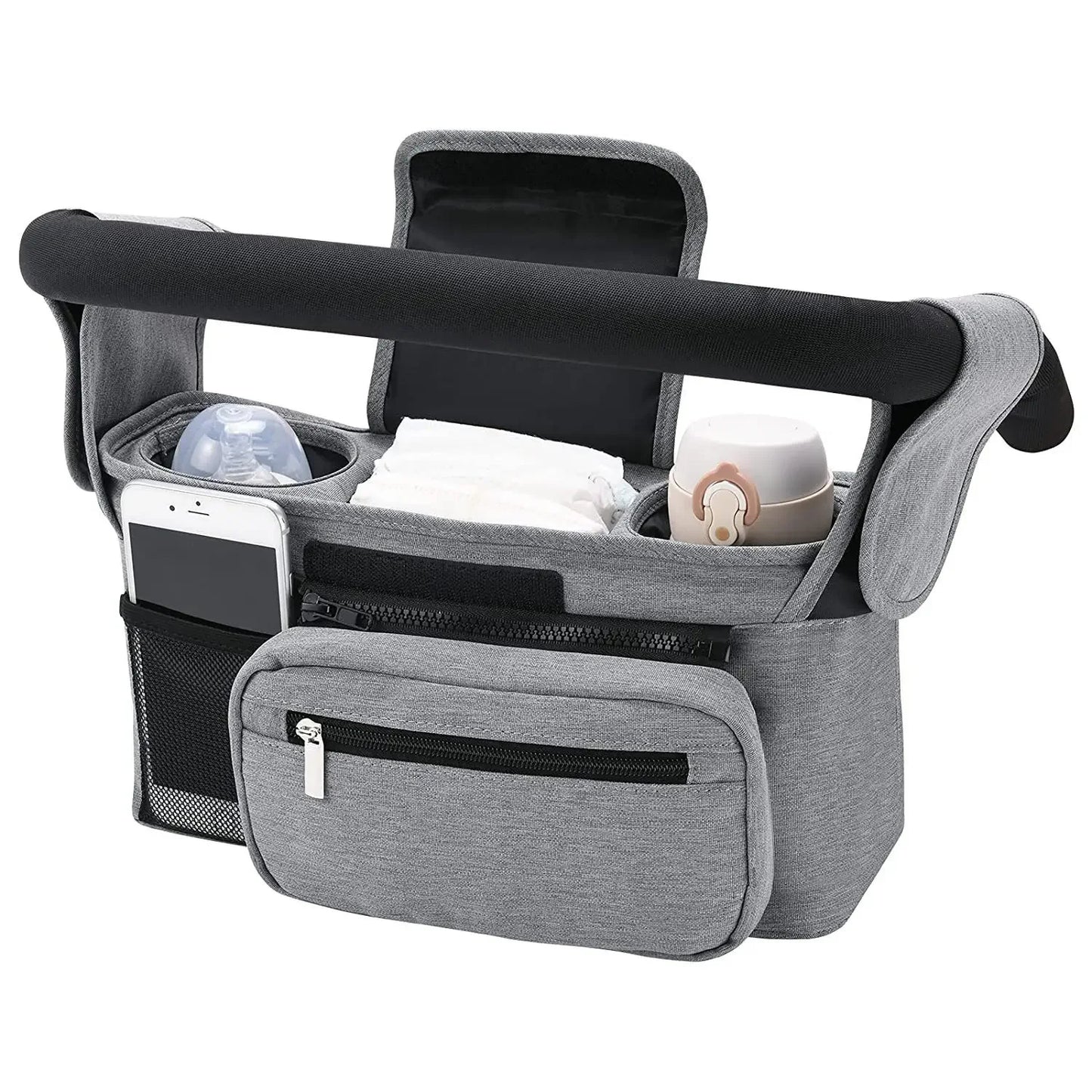 All in one stroller organizer in gray color with cup holders phone pocket and storage compartments (Color: Gray)