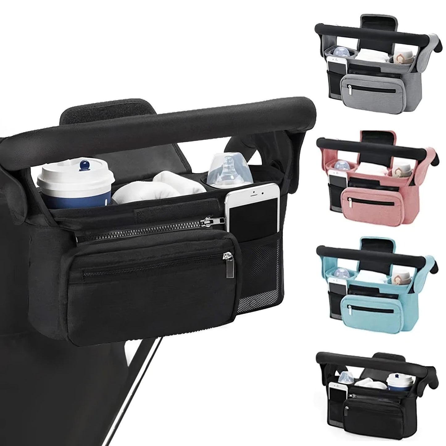 All in one stroller organizer with cup holders phone pocket and storage compartments
