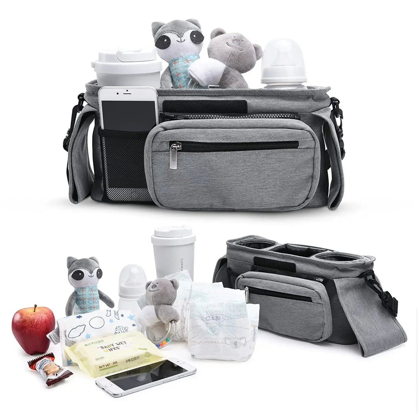 All in one stroller organizer with cup holders phone pocket and storage compartments depiction of spacious design