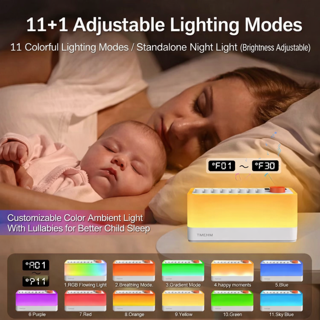 Ambient sound machine with nature sounds night light and bluetooth speaker for sleep and relaxation depiction of 12 adjustable lighting modes