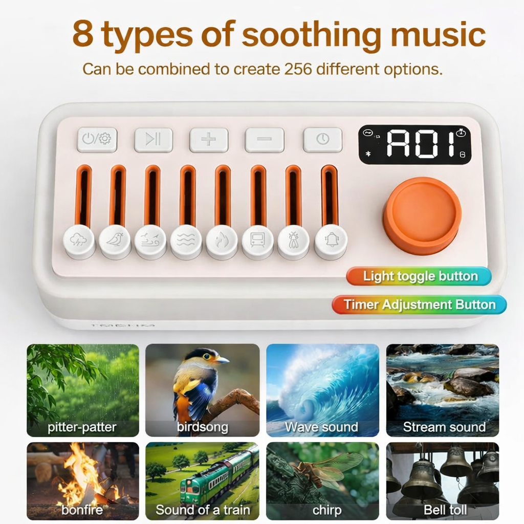 Ambient sound machine with nature sounds night light and bluetooth speaker for sleep and relaxation depiction of 8 types of soothing music