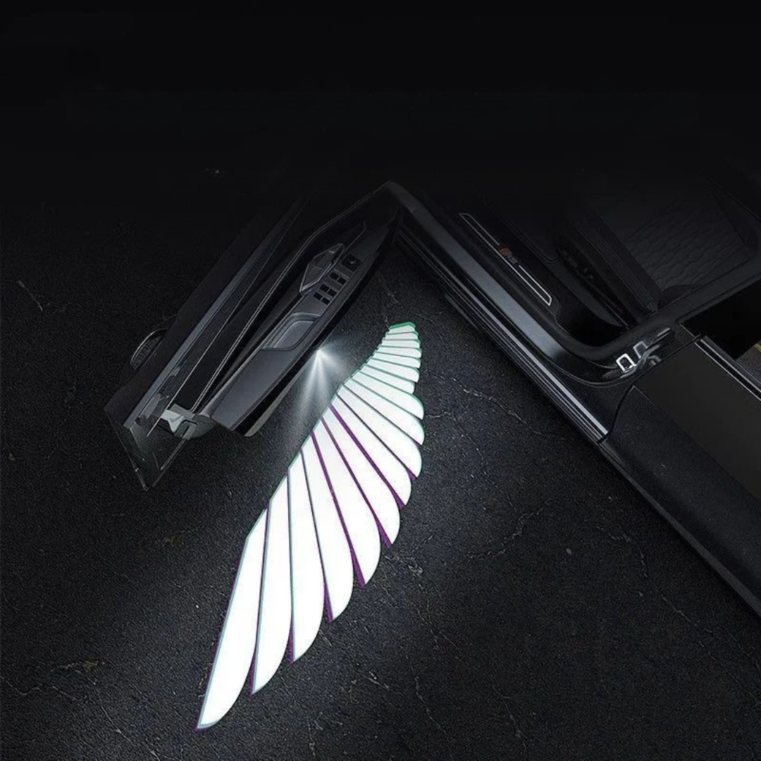 Angel wings car door lights projecting led wings when opening car door close shot