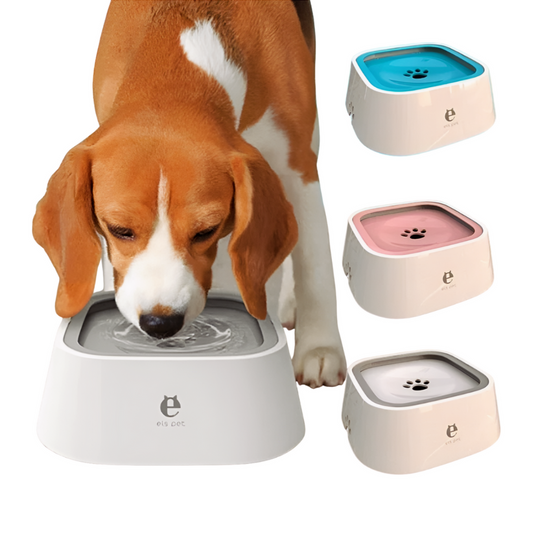 Anti spill pet water bowl with floating disk design to reduce mess and control drinking depiction of a dog drinking water