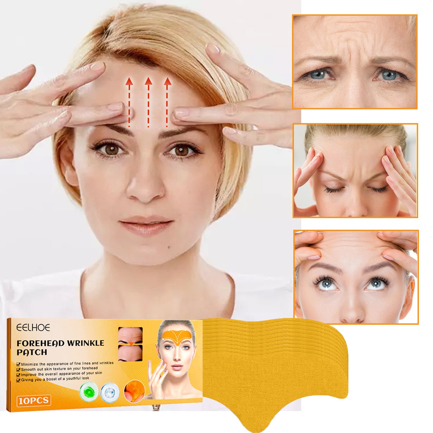 Anti-wrinkle facial skin patches designed to help smooth fine lines and support healthier looking skin depiction of effect on forehead