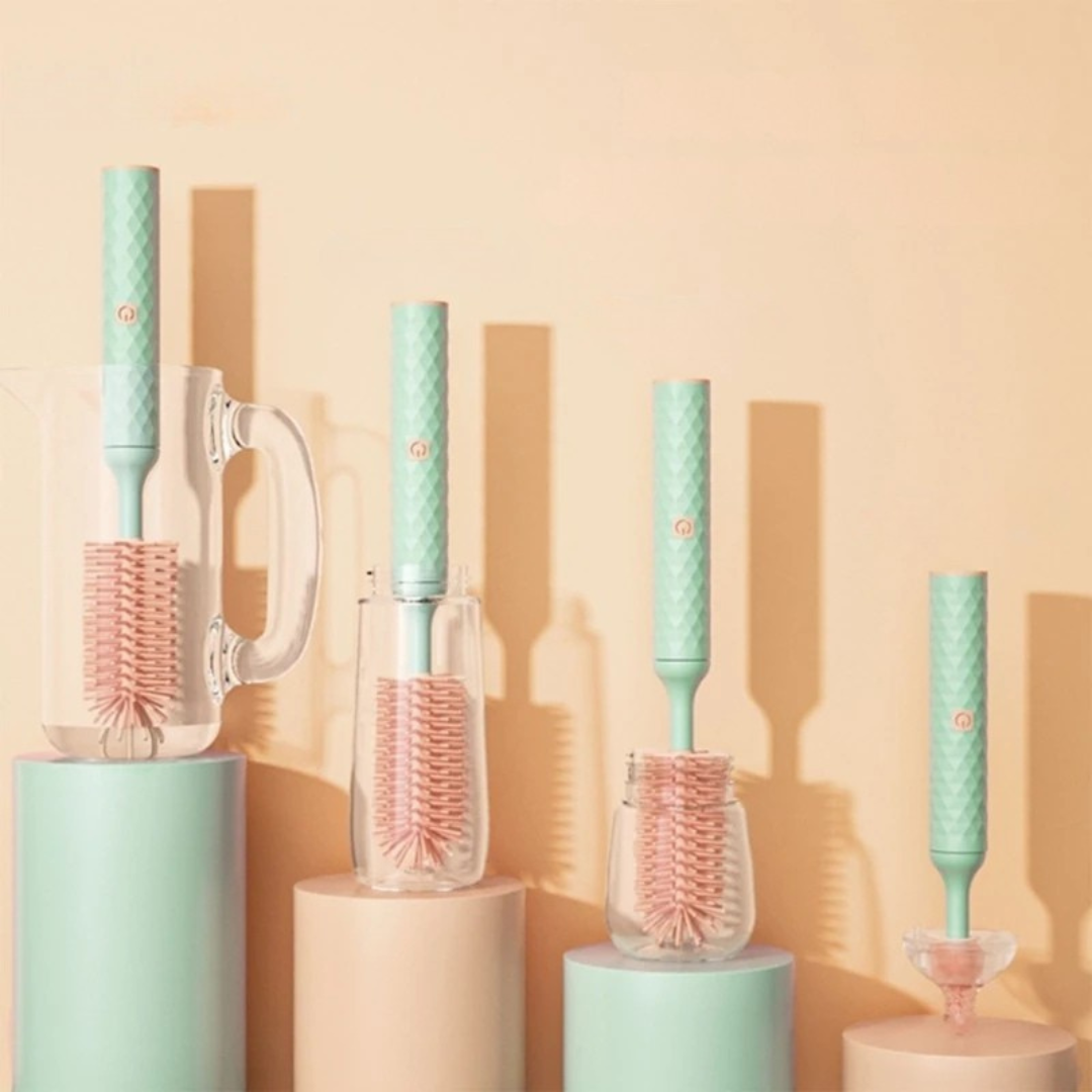 Automatic bottle cleaning brush rotating silicone brush for baby bottles and cups depiction of compatibility with various bottle sizes