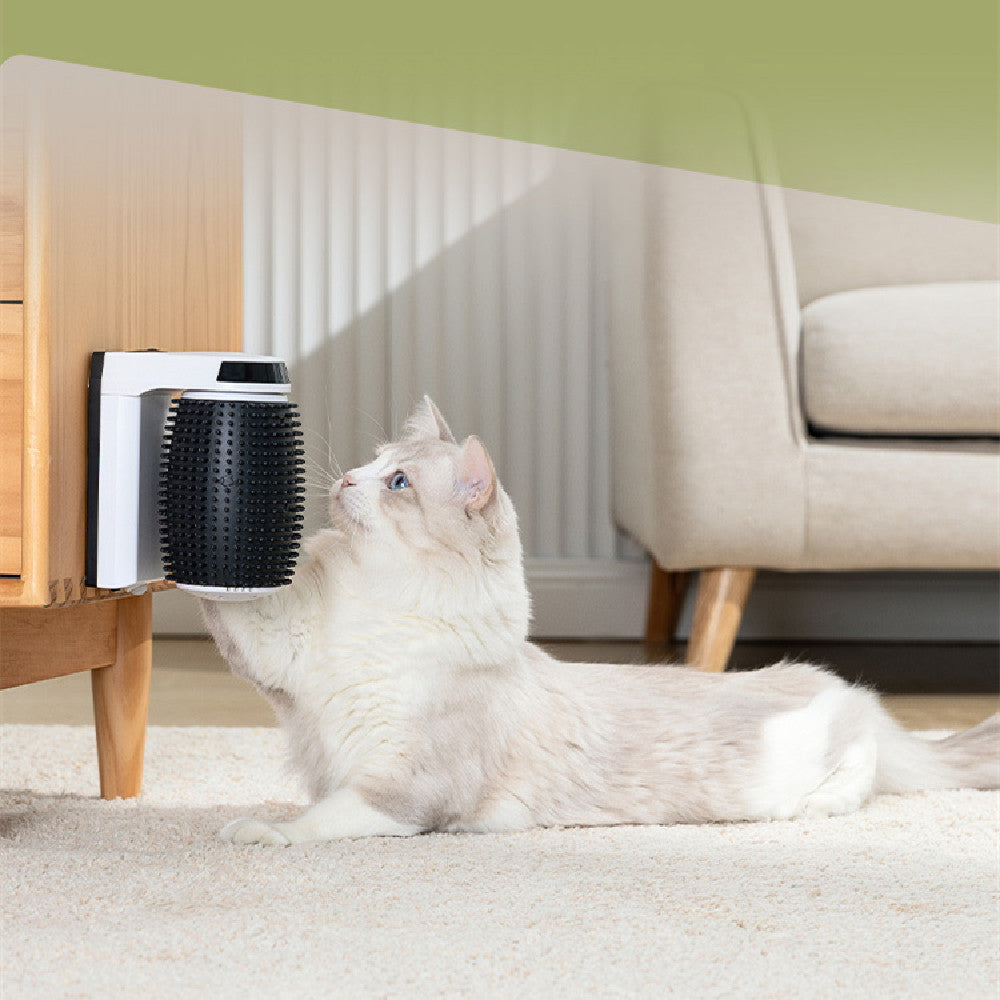 Automatic self-groomer for cats that helps remove loose fur while massaging and scratching during daily grooming in use